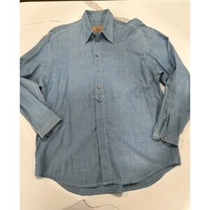 Lizwear Chambray Bib Front Button Down Shirt Blue Cotton Rayon Vintage Womens M